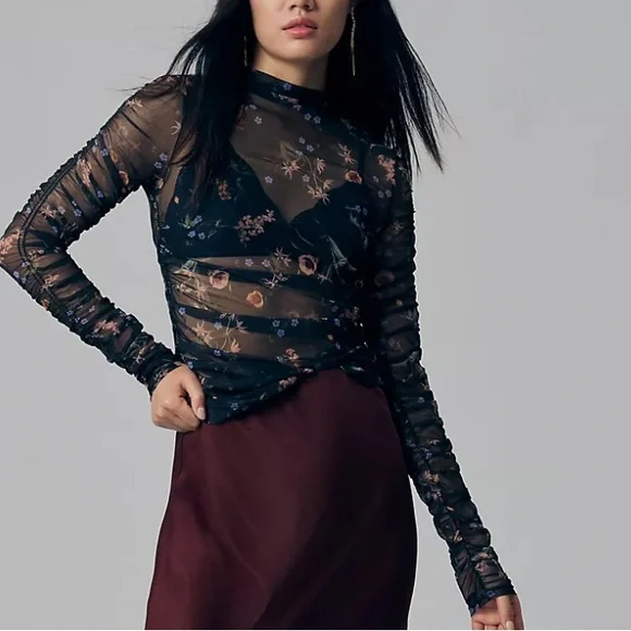 🖤 Maeve by Anthropologie Floral Sheer Mesh Long Sleeve Top | Size L - Picture 5 of 10